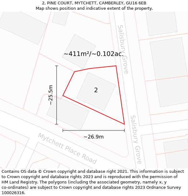 2, PINE COURT, MYTCHETT, CAMBERLEY, GU16 6EB: Plot and title map