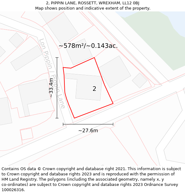 2, PIPPIN LANE, ROSSETT, WREXHAM, LL12 0BJ: Plot and title map