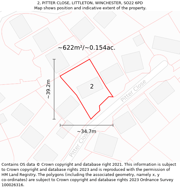 2, PITTER CLOSE, LITTLETON, WINCHESTER, SO22 6PD: Plot and title map