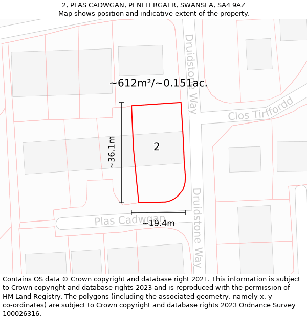 2, PLAS CADWGAN, PENLLERGAER, SWANSEA, SA4 9AZ: Plot and title map