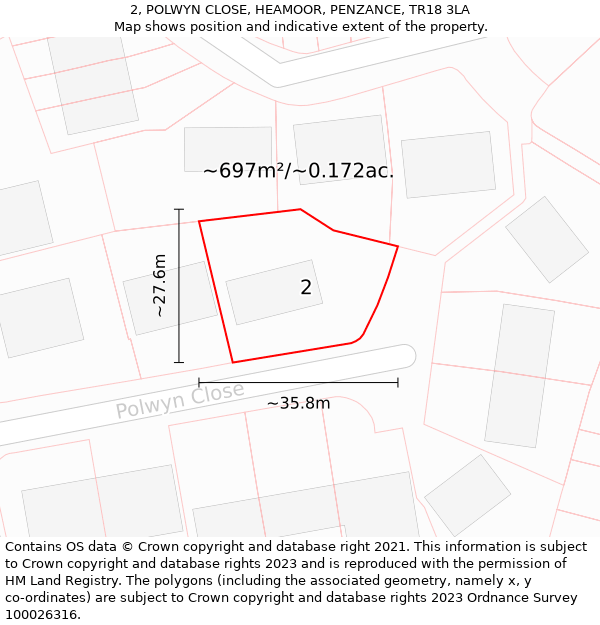 2, POLWYN CLOSE, HEAMOOR, PENZANCE, TR18 3LA: Plot and title map