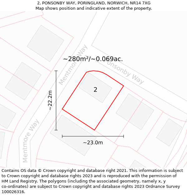 2, PONSONBY WAY, PORINGLAND, NORWICH, NR14 7XG: Plot and title map