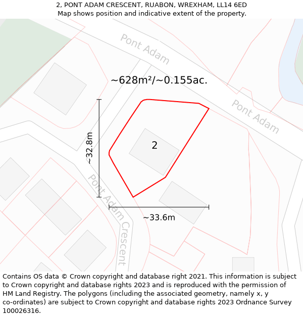 2, PONT ADAM CRESCENT, RUABON, WREXHAM, LL14 6ED: Plot and title map