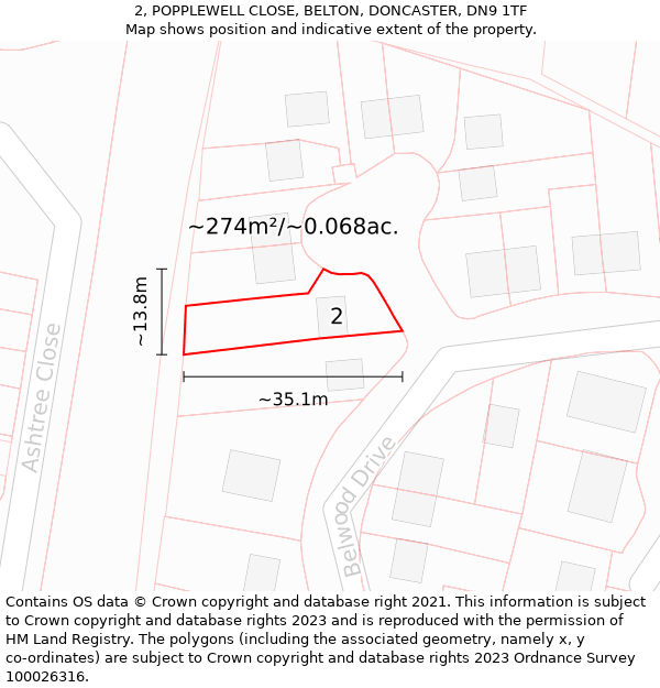 2, POPPLEWELL CLOSE, BELTON, DONCASTER, DN9 1TF: Plot and title map