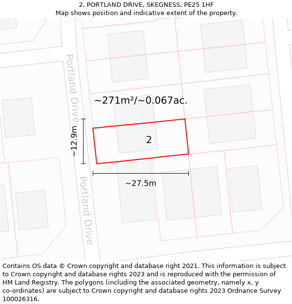 2, PORTLAND DRIVE, SKEGNESS, PE25 1HF: Plot and title map