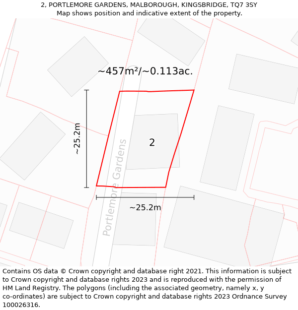 2, PORTLEMORE GARDENS, MALBOROUGH, KINGSBRIDGE, TQ7 3SY: Plot and title map