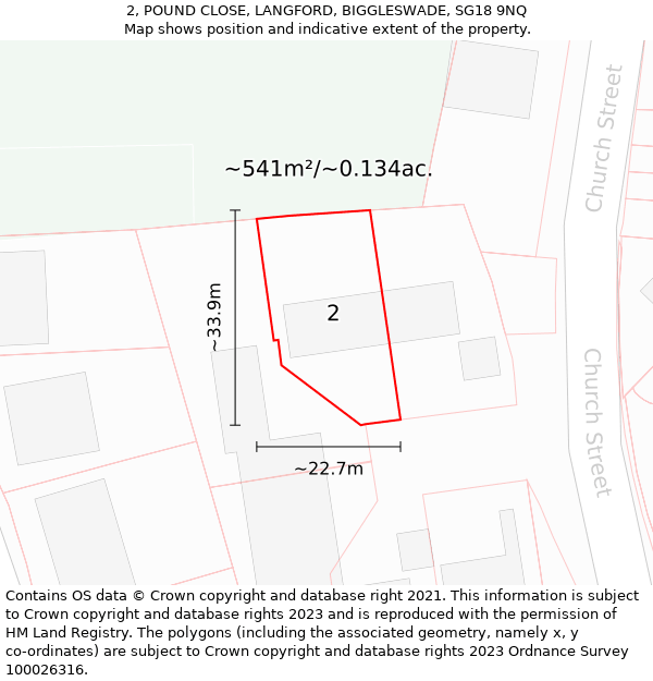 2, POUND CLOSE, LANGFORD, BIGGLESWADE, SG18 9NQ: Plot and title map