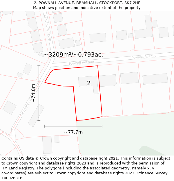 2, POWNALL AVENUE, BRAMHALL, STOCKPORT, SK7 2HE: Plot and title map