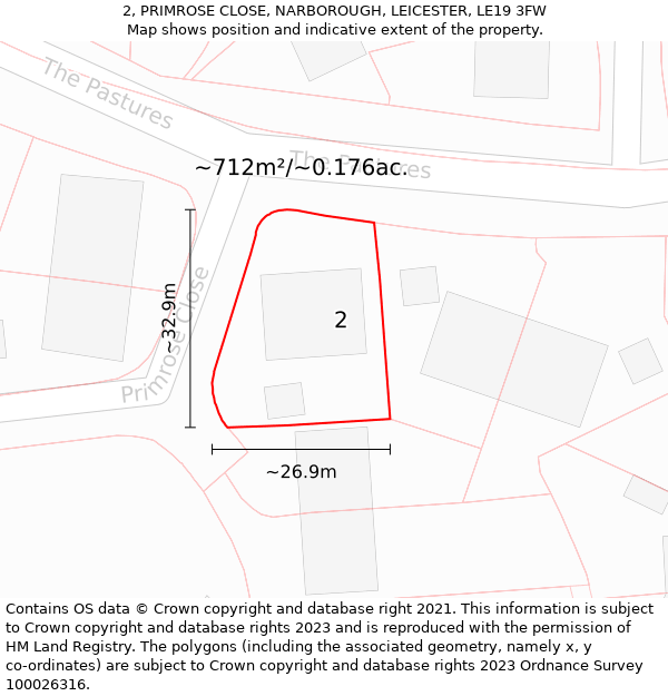 2, PRIMROSE CLOSE, NARBOROUGH, LEICESTER, LE19 3FW: Plot and title map