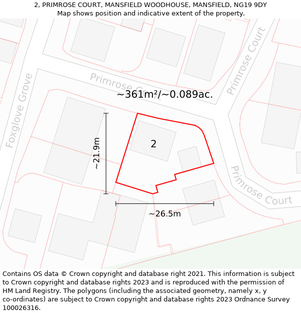 2, PRIMROSE COURT, MANSFIELD WOODHOUSE, MANSFIELD, NG19 9DY: Plot and title map