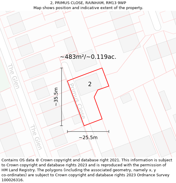 2, PRIMUS CLOSE, RAINHAM, RM13 9WP: Plot and title map