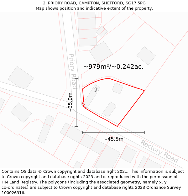 2, PRIORY ROAD, CAMPTON, SHEFFORD, SG17 5PG: Plot and title map