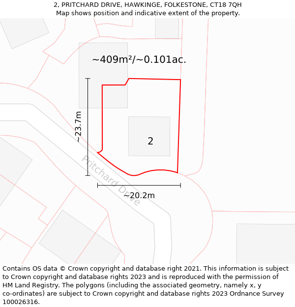 2, PRITCHARD DRIVE, HAWKINGE, FOLKESTONE, CT18 7QH: Plot and title map