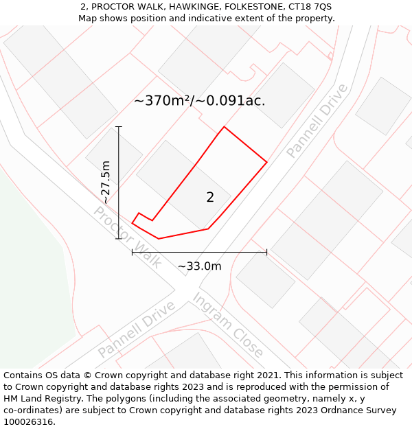 2, PROCTOR WALK, HAWKINGE, FOLKESTONE, CT18 7QS: Plot and title map