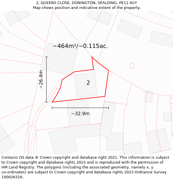 2, QUEENS CLOSE, DONINGTON, SPALDING, PE11 4UY: Plot and title map