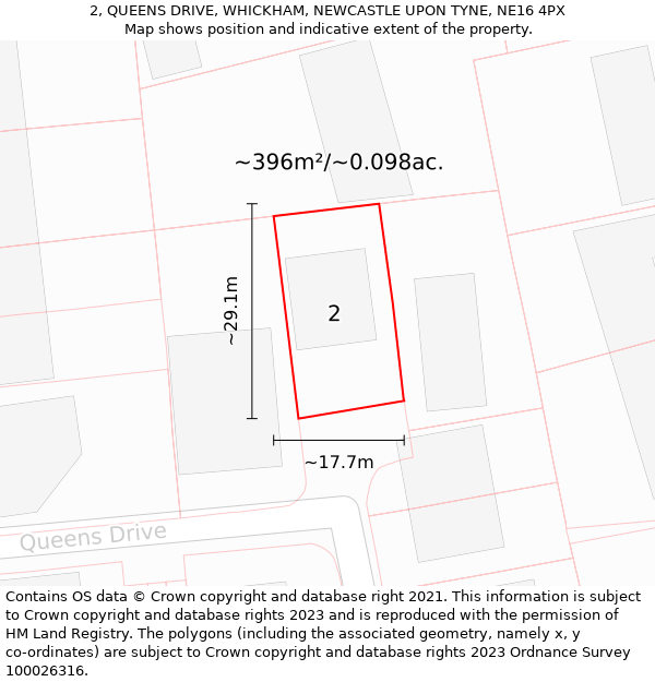 2, QUEENS DRIVE, WHICKHAM, NEWCASTLE UPON TYNE, NE16 4PX: Plot and title map