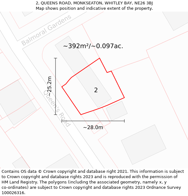 2, QUEENS ROAD, MONKSEATON, WHITLEY BAY, NE26 3BJ: Plot and title map