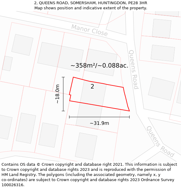 2, QUEENS ROAD, SOMERSHAM, HUNTINGDON, PE28 3HR: Plot and title map