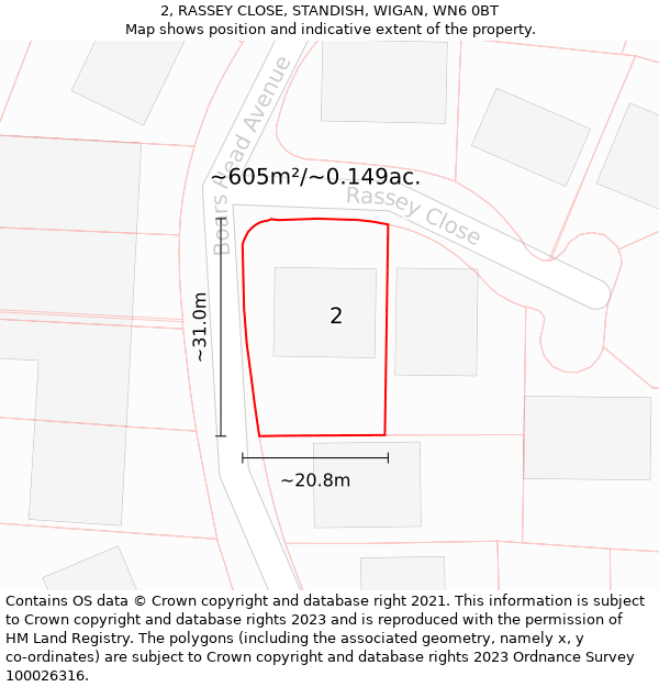 2, RASSEY CLOSE, STANDISH, WIGAN, WN6 0BT: Plot and title map