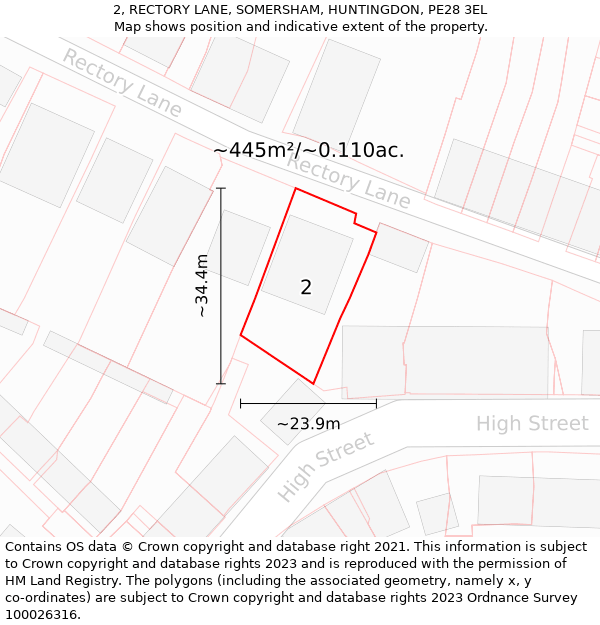 2, RECTORY LANE, SOMERSHAM, HUNTINGDON, PE28 3EL: Plot and title map