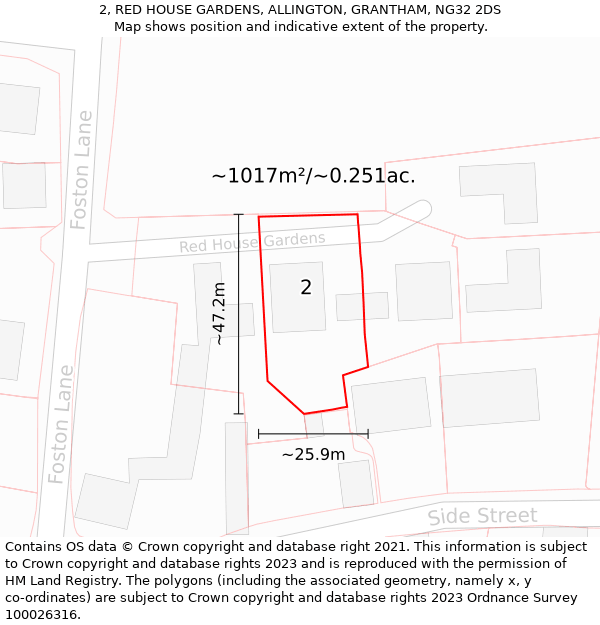 2, RED HOUSE GARDENS, ALLINGTON, GRANTHAM, NG32 2DS: Plot and title map