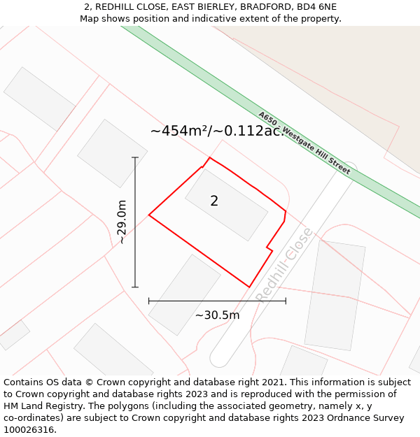 2, REDHILL CLOSE, EAST BIERLEY, BRADFORD, BD4 6NE: Plot and title map