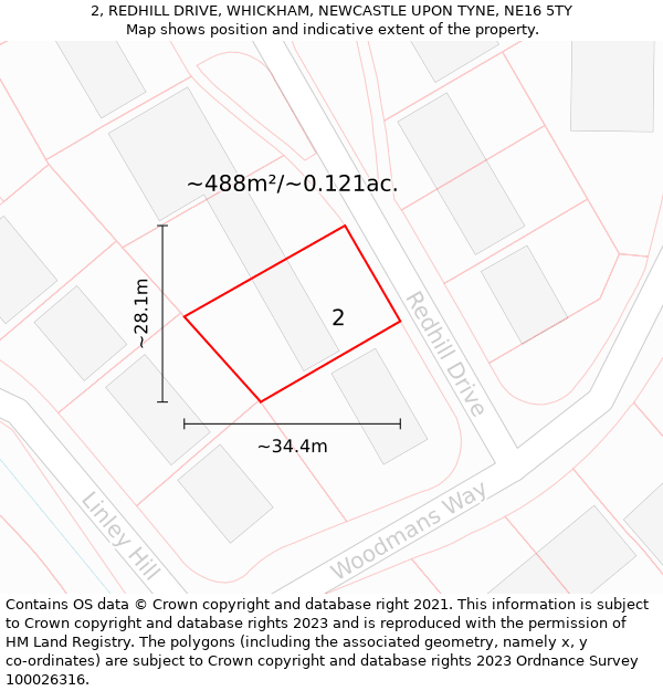 2, REDHILL DRIVE, WHICKHAM, NEWCASTLE UPON TYNE, NE16 5TY: Plot and title map
