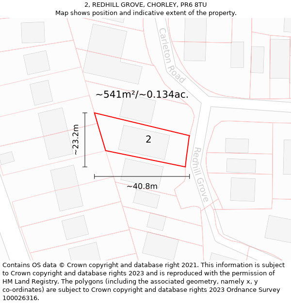 2, REDHILL GROVE, CHORLEY, PR6 8TU: Plot and title map