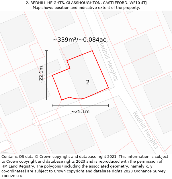 2, REDHILL HEIGHTS, GLASSHOUGHTON, CASTLEFORD, WF10 4TJ: Plot and title map