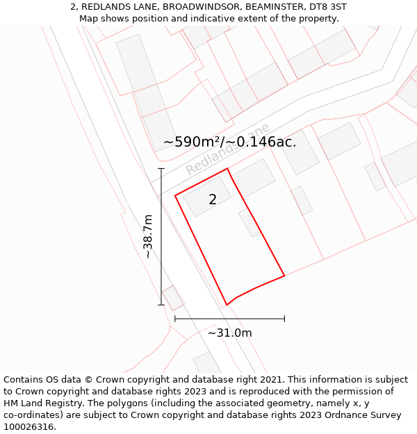 2, REDLANDS LANE, BROADWINDSOR, BEAMINSTER, DT8 3ST: Plot and title map