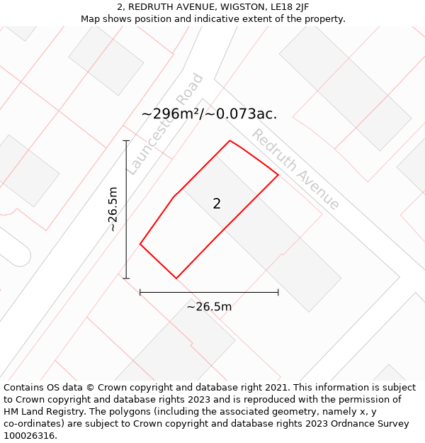 2, REDRUTH AVENUE, WIGSTON, LE18 2JF: Plot and title map