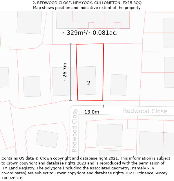 2, REDWOOD CLOSE, HEMYOCK, CULLOMPTON, EX15 3QQ: Plot and title map