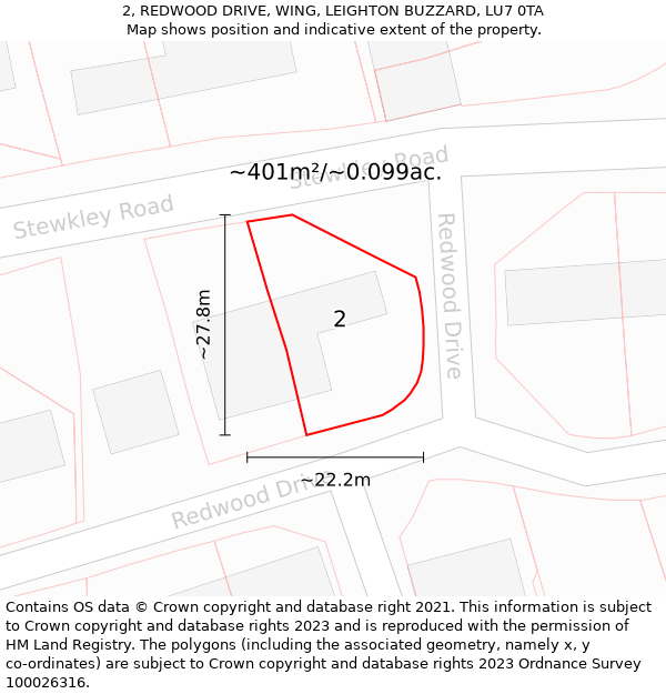 2, REDWOOD DRIVE, WING, LEIGHTON BUZZARD, LU7 0TA: Plot and title map