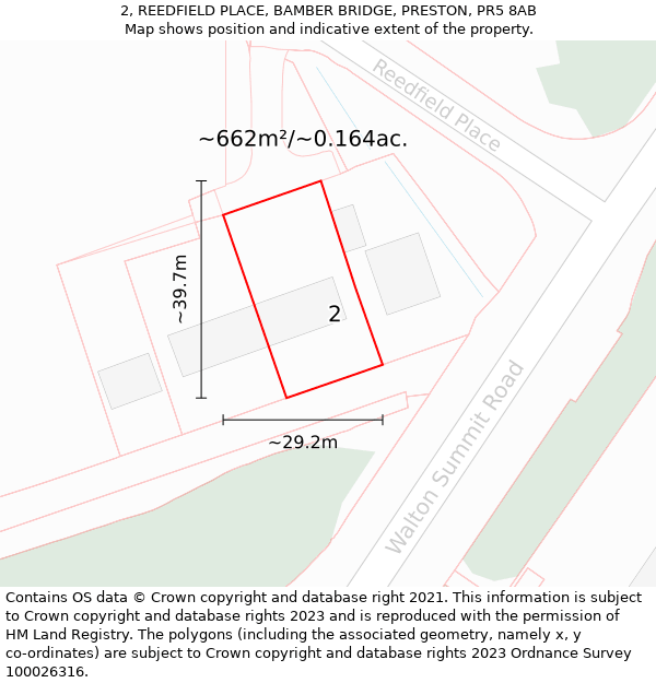 2, REEDFIELD PLACE, BAMBER BRIDGE, PRESTON, PR5 8AB: Plot and title map
