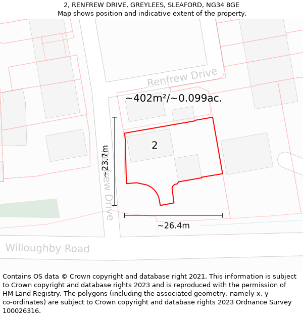 2, RENFREW DRIVE, GREYLEES, SLEAFORD, NG34 8GE: Plot and title map