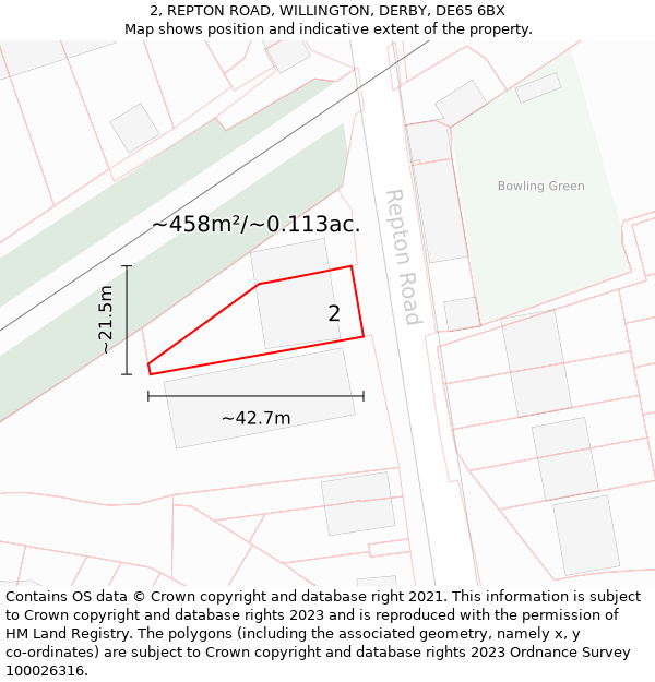 2, REPTON ROAD, WILLINGTON, DERBY, DE65 6BX: Plot and title map