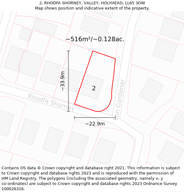 2, RHODFA SHORNEY, VALLEY, HOLYHEAD, LL65 3DW: Plot and title map