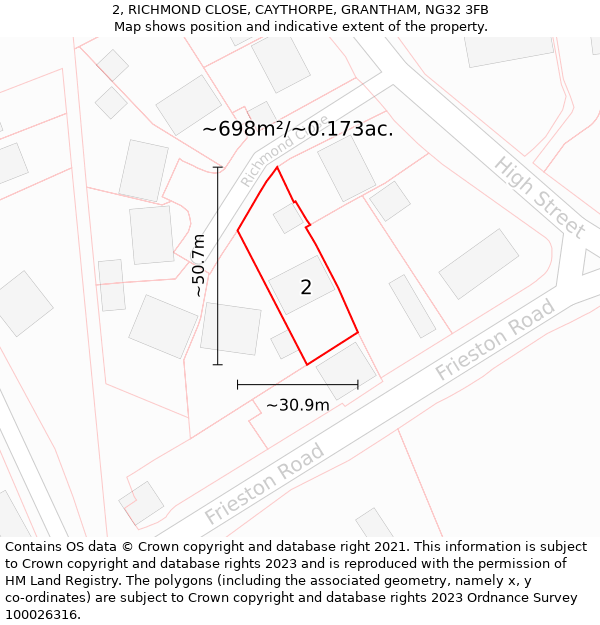 2, RICHMOND CLOSE, CAYTHORPE, GRANTHAM, NG32 3FB: Plot and title map