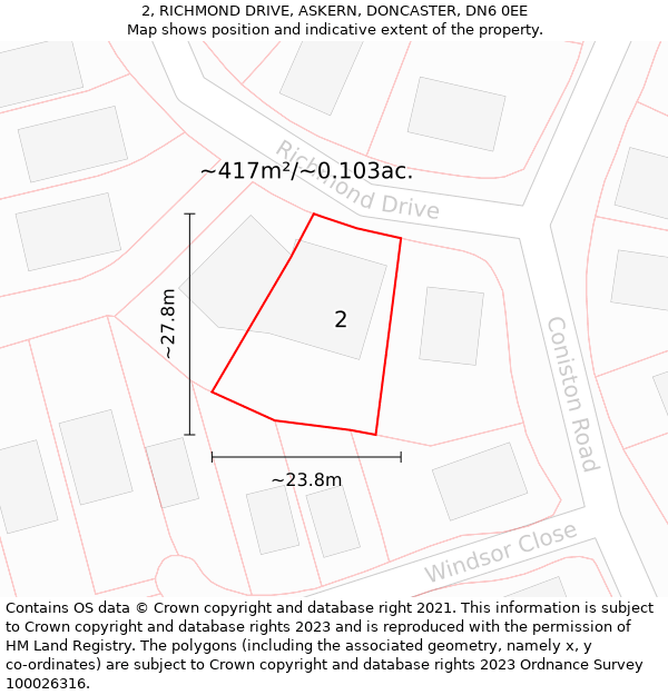 2, RICHMOND DRIVE, ASKERN, DONCASTER, DN6 0EE: Plot and title map