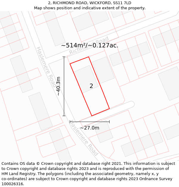 2, RICHMOND ROAD, WICKFORD, SS11 7LD: Plot and title map