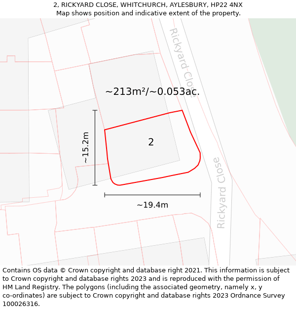 2, RICKYARD CLOSE, WHITCHURCH, AYLESBURY, HP22 4NX: Plot and title map