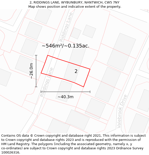 2, RIDDINGS LANE, WYBUNBURY, NANTWICH, CW5 7NY: Plot and title map