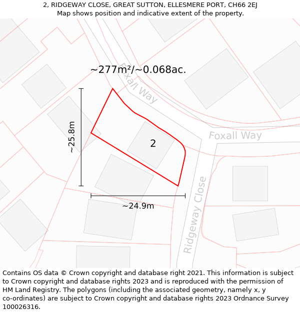 2, RIDGEWAY CLOSE, GREAT SUTTON, ELLESMERE PORT, CH66 2EJ: Plot and title map