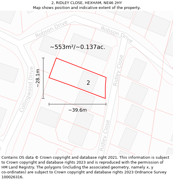 2, RIDLEY CLOSE, HEXHAM, NE46 2HY: Plot and title map