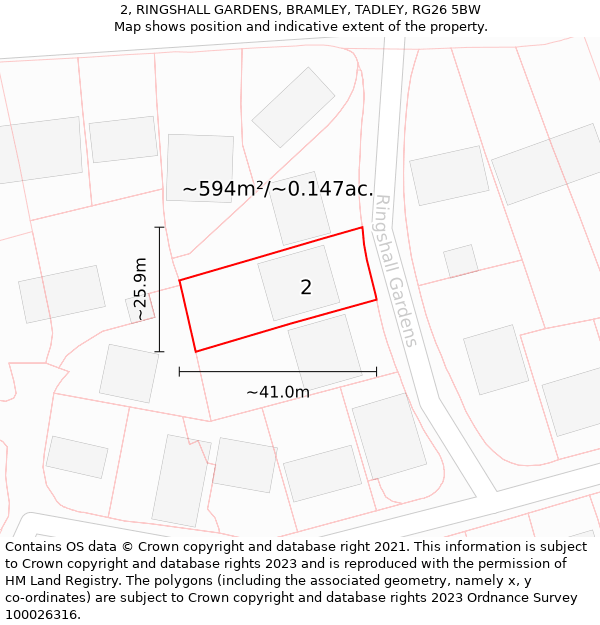 2, RINGSHALL GARDENS, BRAMLEY, TADLEY, RG26 5BW: Plot and title map