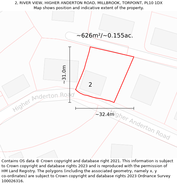 2, RIVER VIEW, HIGHER ANDERTON ROAD, MILLBROOK, TORPOINT, PL10 1DX: Plot and title map