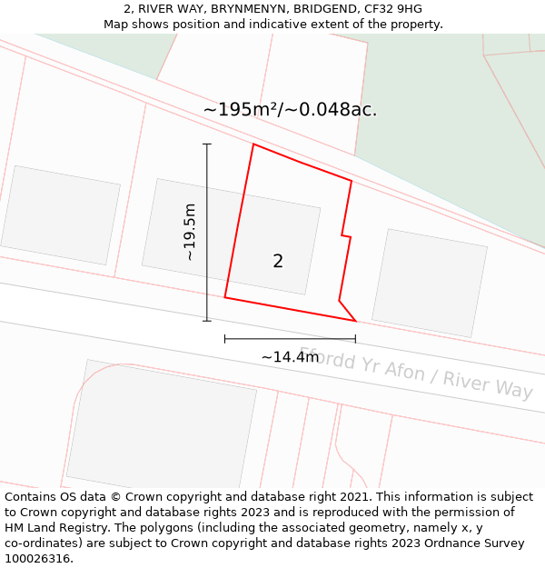 2, RIVER WAY, BRYNMENYN, BRIDGEND, CF32 9HG: Plot and title map