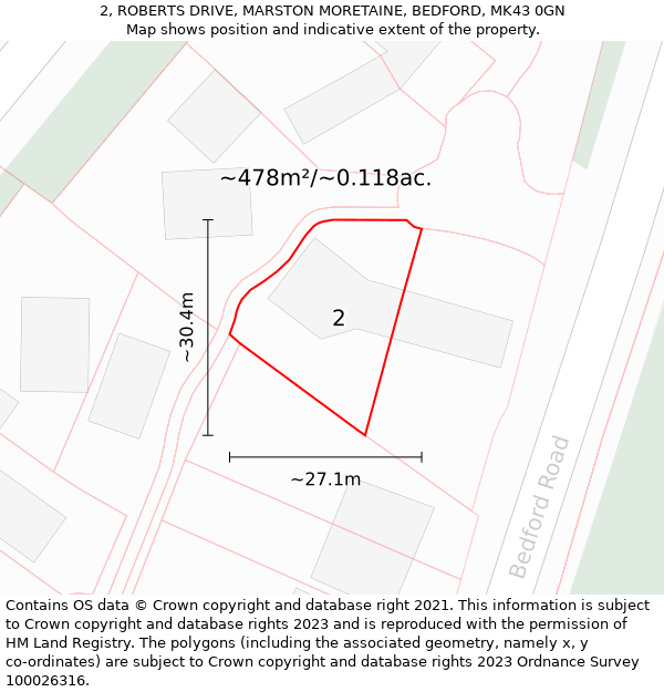 2, ROBERTS DRIVE, MARSTON MORETAINE, BEDFORD, MK43 0GN: Plot and title map