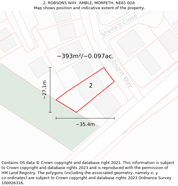 2, ROBSONS WAY, AMBLE, MORPETH, NE65 0GA: Plot and title map