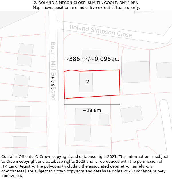 2, ROLAND SIMPSON CLOSE, SNAITH, GOOLE, DN14 9RN: Plot and title map